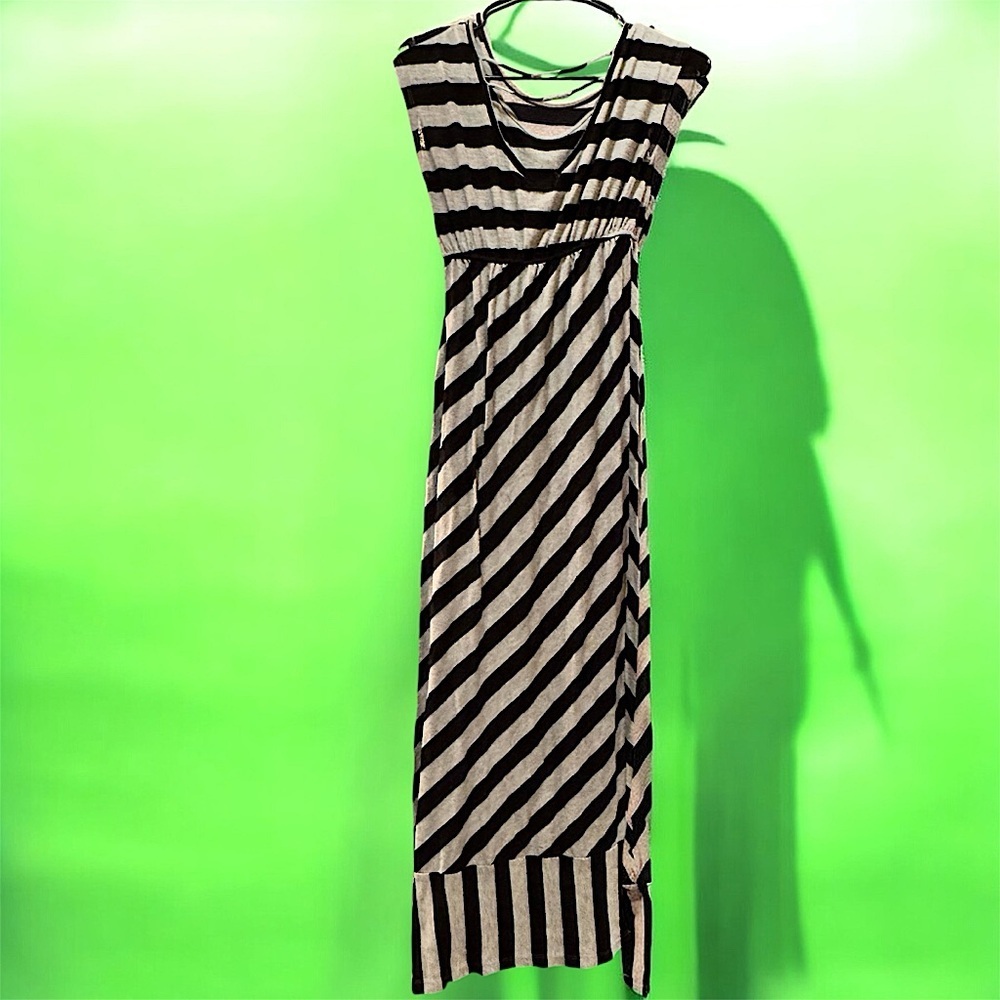 Delirious Striped Black Maxi Dress MEDIUM length 50in pit to pit 14in stretchy